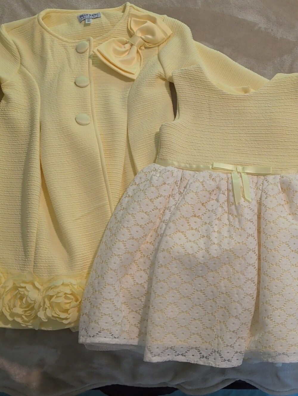 Blueberi Boulevard Pale Yellow Lace-Overlay Dress & Cardigan Set